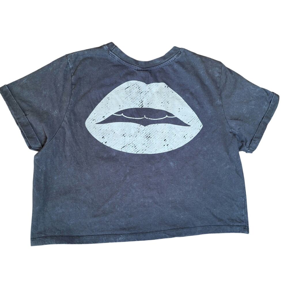 LA LUNA Rock N Roll Vintage Co Lips Crop Top Shirt Womens Grey Distressed - S